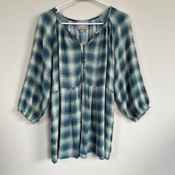 Maeve Tops - Anthropologie Maeve Pop Over Shirt Women LARGE Boho Blue Plaid Henley Top